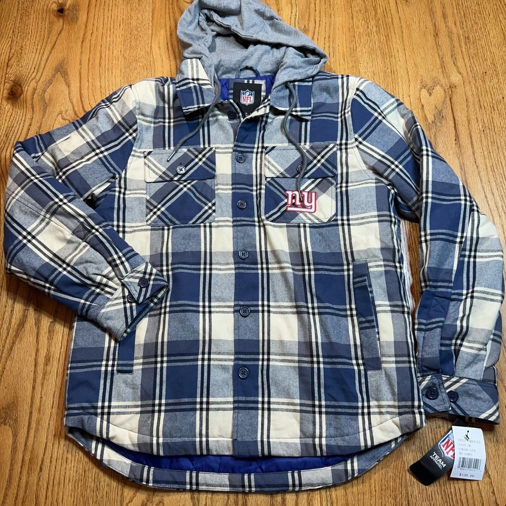 NWT‎ NFL New York Giants Men's Medium Quilted Flannel Jacket Full Zip Hoodie